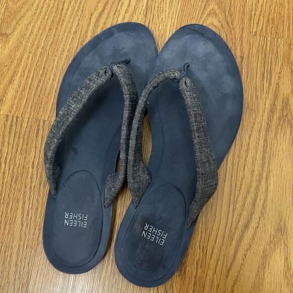 EILEEN FISHER blue denim linen thong flip flop flat sandals size US 10 - Picture 4 of 5